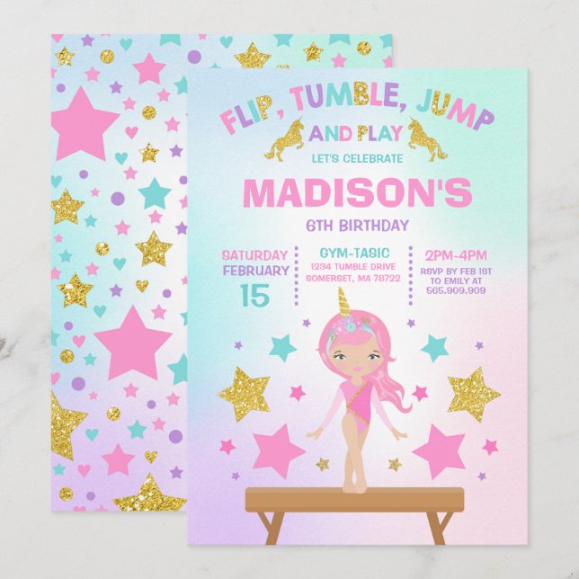 Invitation Gymnastique Unicorne Gymnastique Party (Devant / Derrière)