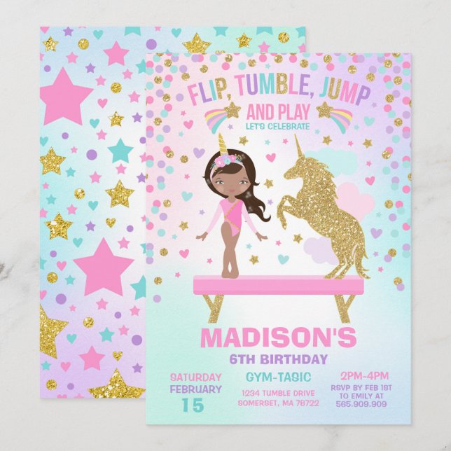 Invitation Gymnastique Unicorne Gymnastique Party (Devant / Derrière)