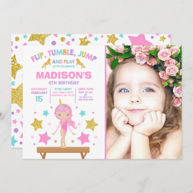 Invitation Gymnastique Unicorne Gymnastique Party (Devant / Derrière)
