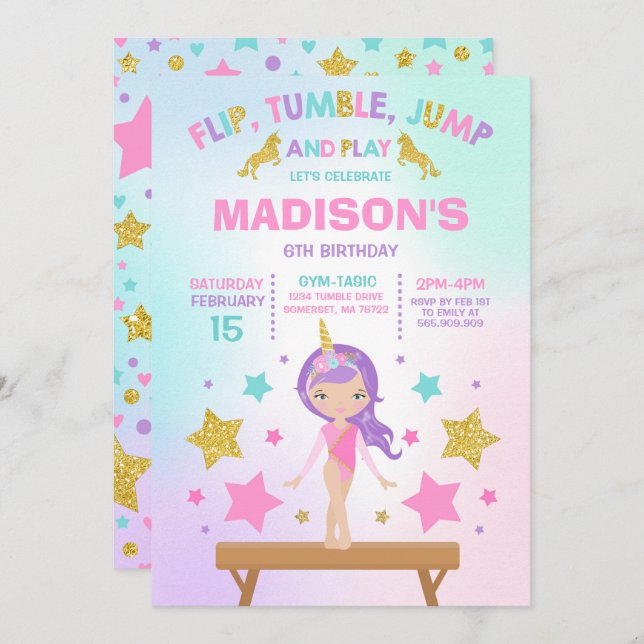 Invitation Gymnastique Unicorne Gymnastique Party (Devant / Derrière)