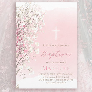 Invitation gypsophile bébé aquarelle rose Baptême bébé fill