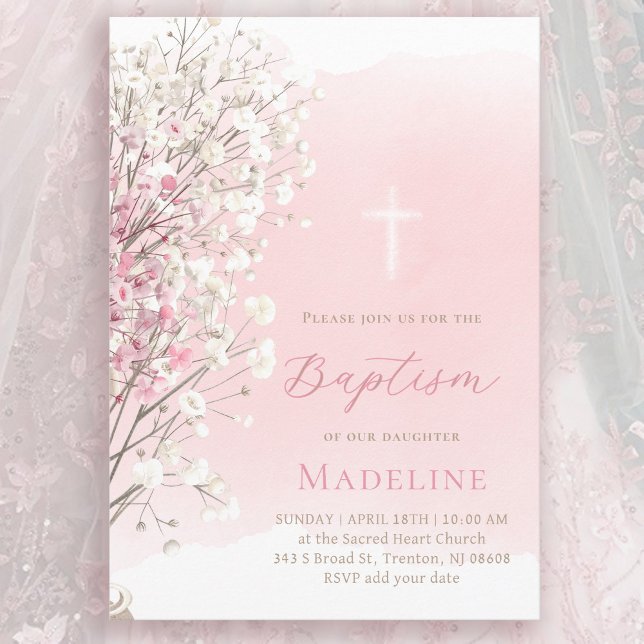 Invitation gypsophile bébé aquarelle rose | Baptême bébé fill (Créateur téléchargé)