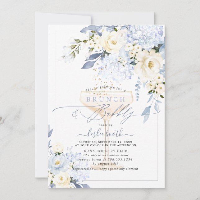 Invitation H2 Blue Hydrangea Crème Roses Brunch Bubbly (Devant)