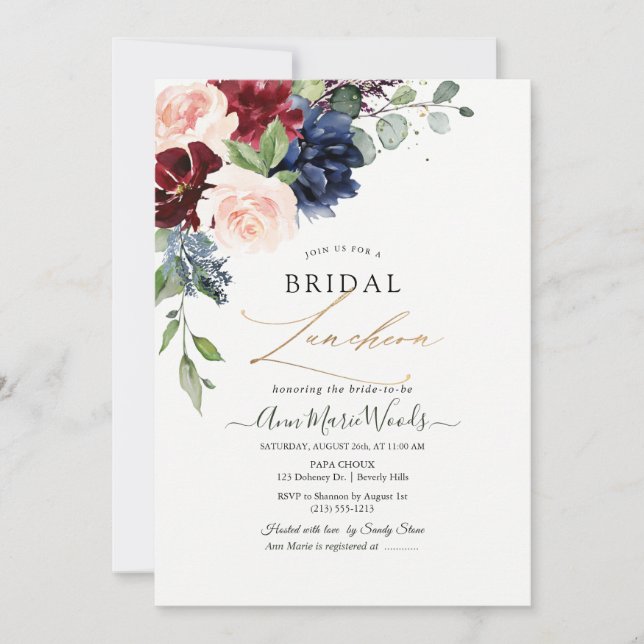 Invitation H2 Blush Navy Fleurs Bourgogne Déjeuner nuptial (Devant)