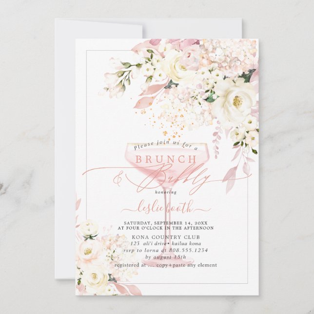 Invitation H2 Dusty Rose Blush Hydrangea Brunch Bubbly (Devant)