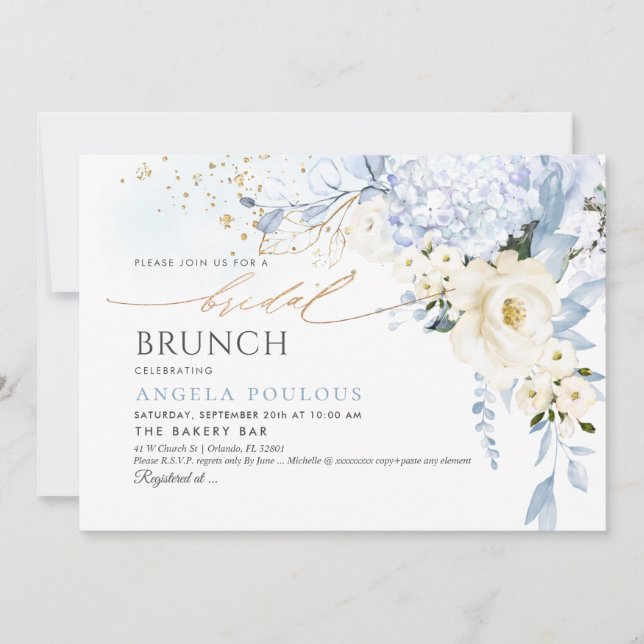 Invitation H2 Fleurs Bleu glacé Blanc Brunch nuptial (Devant)