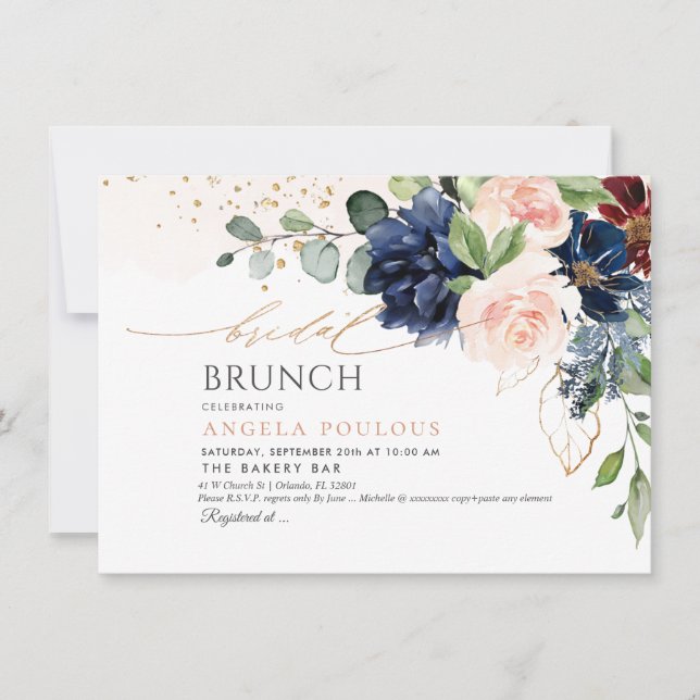Invitation H2 Fleurs Blush Marine Bourgogne Bridal Brunch (Devant)