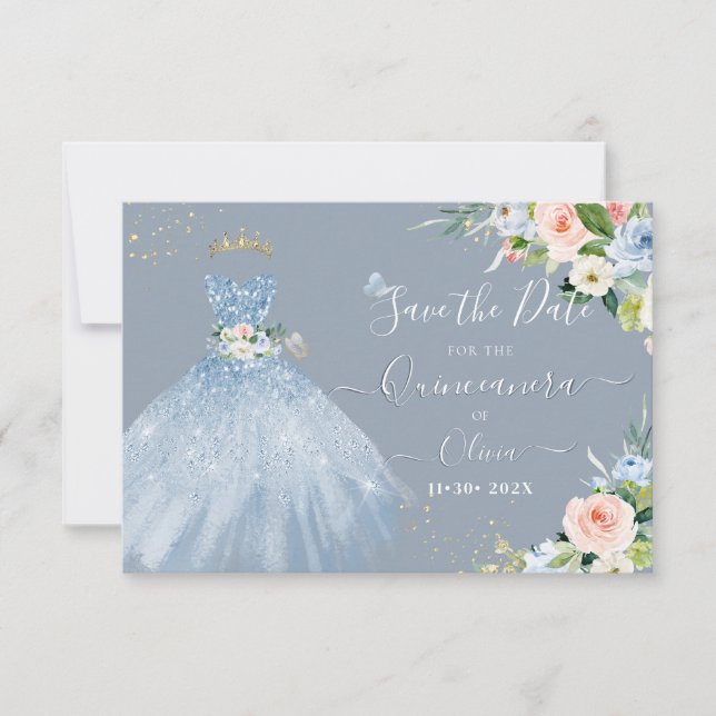 Invitation H2 Robe rose bleue étincelante Quinceanera Date de (Devant)
