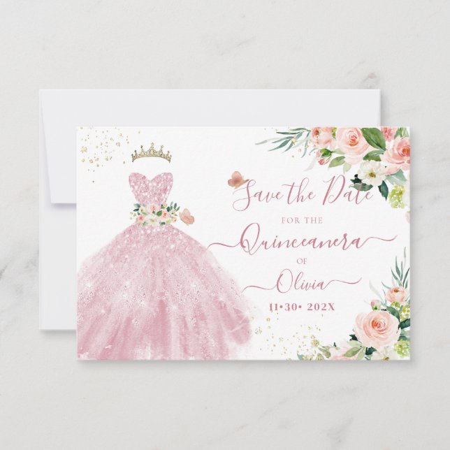 Invitation H2 Robe rose mousseuse Quinceanera Date de sauvega (Devant)