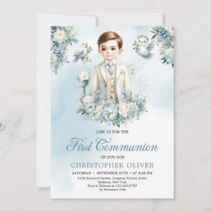 Invitation Habit formel petit garçon bleu fleurs blanches sag