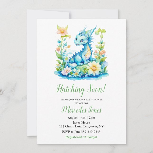 Invitation Hachage Floral Dragon Bleu Bientôt Baby shower (Devant)
