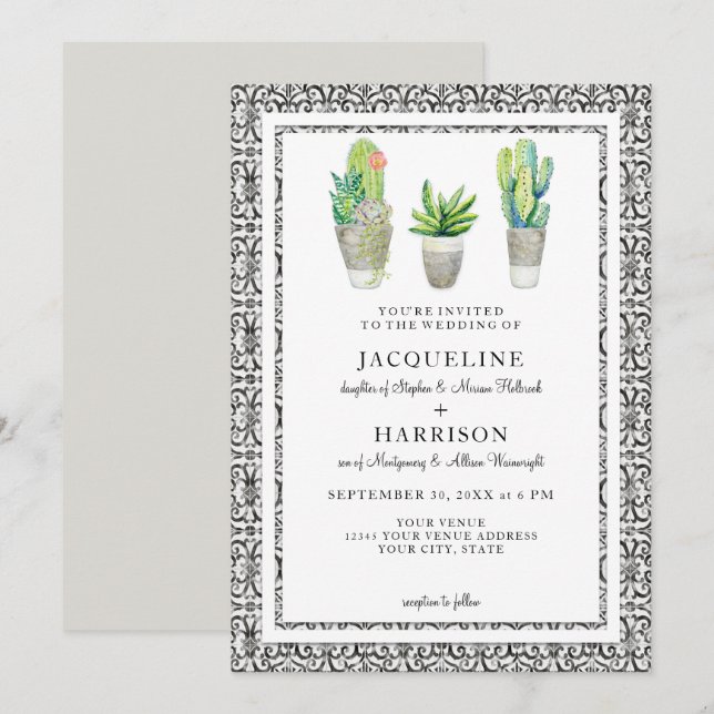 Invitation Hacienda Moderne Aquarelle Cactus Succulents du dé (Devant / Derrière)