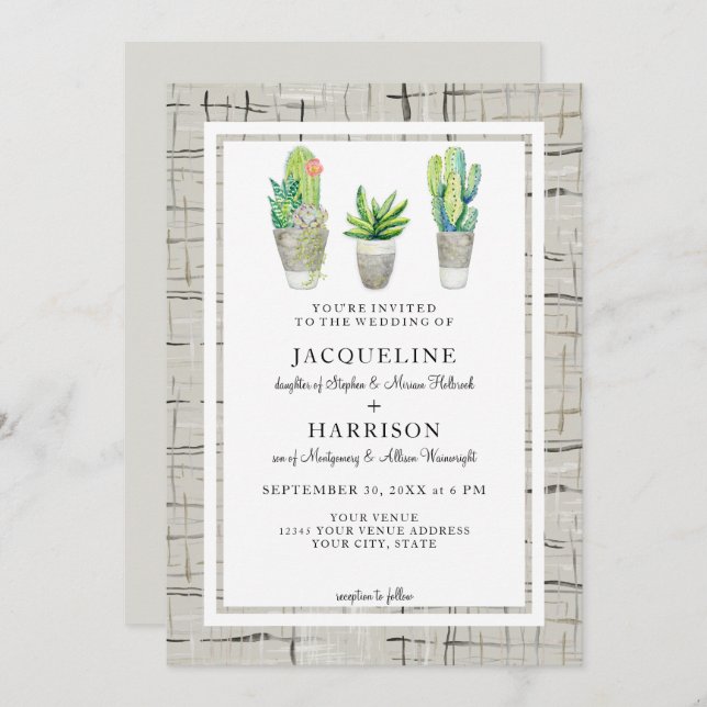 Invitation Hacienda Style Cactus Cour en Mariage gris (Devant / Derrière)