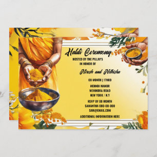 Invitation Haldi cérémonie floral turmerie mains fleurs
