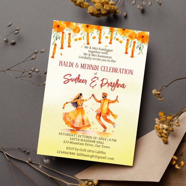 Invitation Haldi et Mehndi marigolds sonnent le mariage indie (Haldi mehndi Indian wedding editable template invitation instant digital download dancing couple)