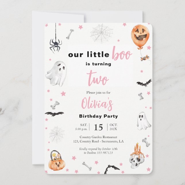 Invitation Halloween 2e anniversaire Fille fantôme rose deux  (Devant)