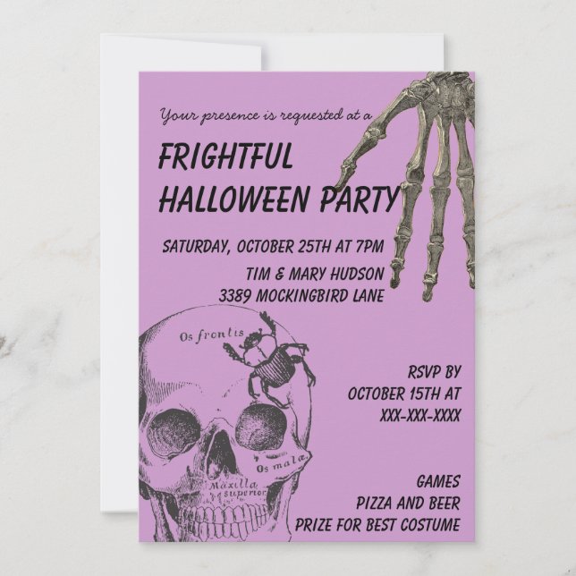 Invitation Halloween à la main du crâne et du squelette (Devant)