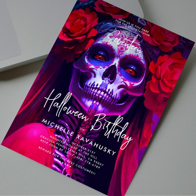 Invitation Halloween adulte Anniversaire Rouge Lady Crâne mod (Adult Halloween Birthday Red Lady Skull Modern Invitation
)