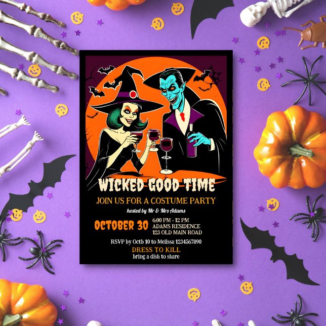 Invitation Halloween Adulte bonne fête costume bon temps (Adult Halloween wicked good time costume party template invitation instant download a witch Dracula)
