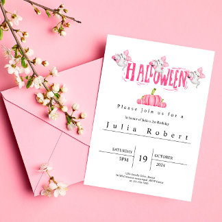 Invitation Halloween Anniversaire couleur rose fantôme citrou