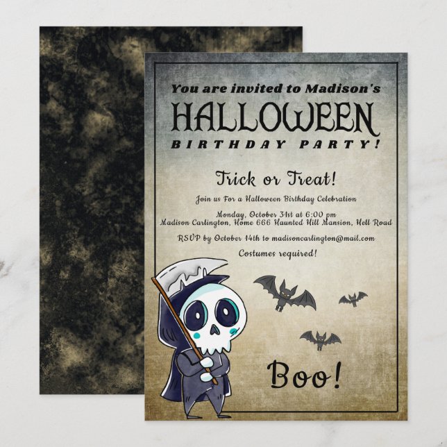 Invitation Halloween Anniversaire Fête Griffe Reaper (Devant / Derrière)
