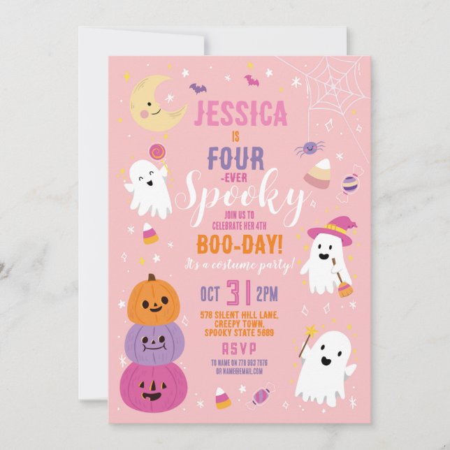 Invitation Halloween Anniversaire FOUR 4th Girls Party Ghosts (Devant)