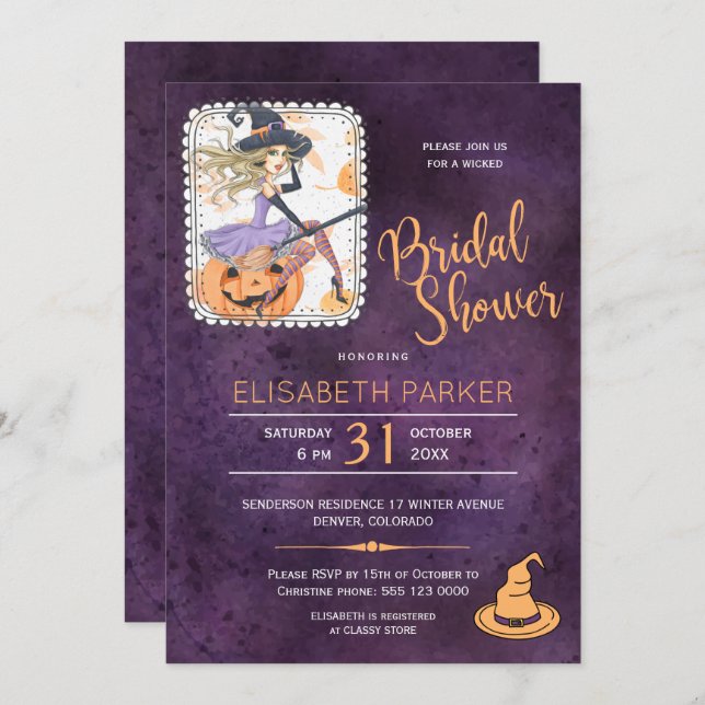 Invitation Halloween aquarelle sorcière douche nuptiale (Devant / Derrière)
