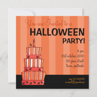 Invitation Halloween au gâteau aux chauves-souris rayées d'or
