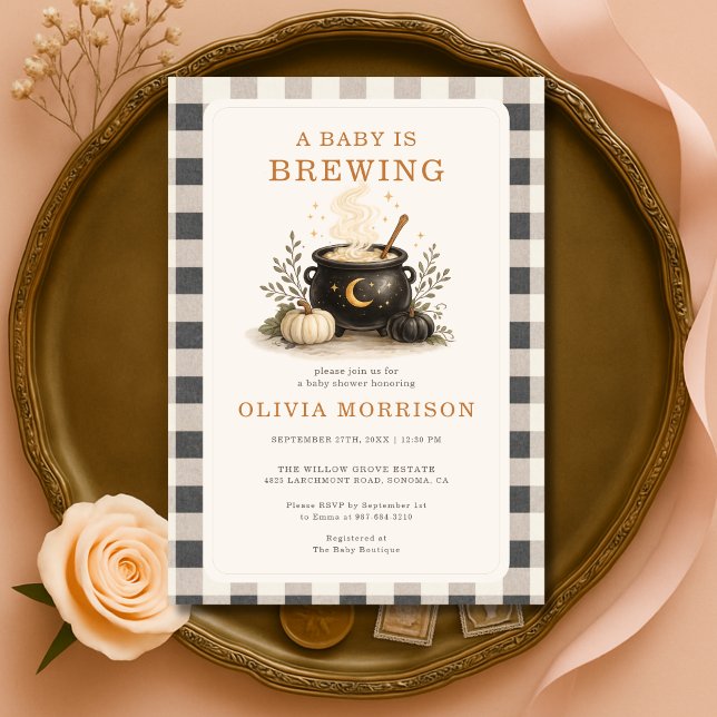 Invitation Halloween Baby is Brewing Gingham Baby Shower (Créateur téléchargé)