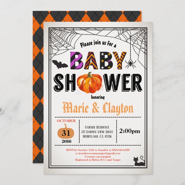 Invitation Halloween baby shower citrouille neutre (Devant / Derrière)