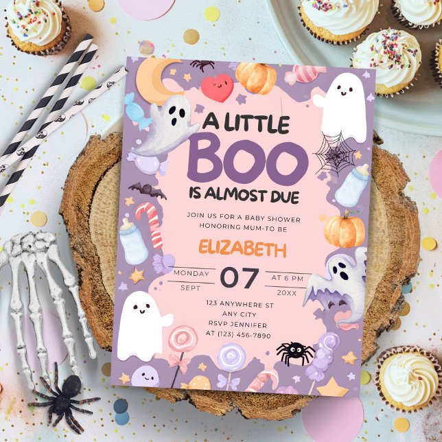 Invitation Halloween baby shower Little Boo (Little Boo is Almost Due Halloween baby shower invitation featuring cute watercolor ghost, pumpkin, )