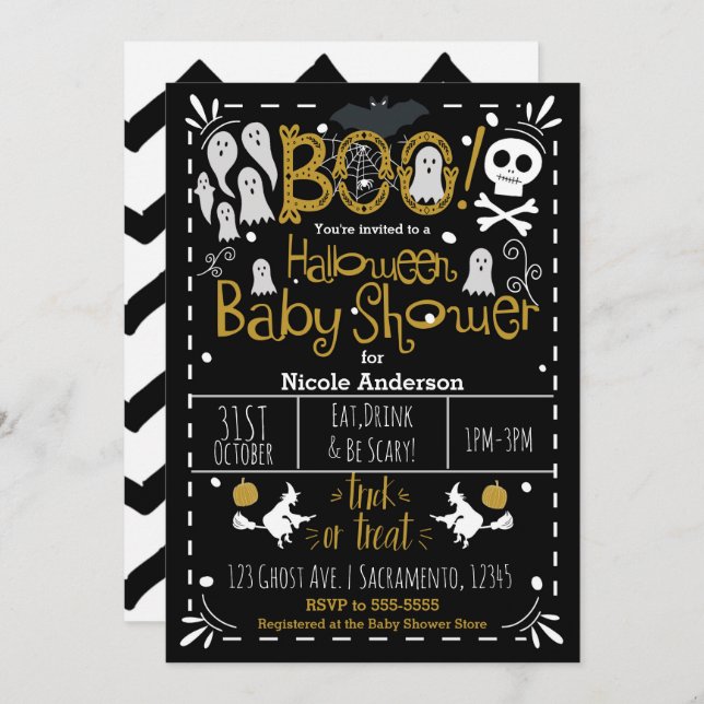 Invitation Halloween Baby shower moderne main lunaire tiré (Devant / Derrière)