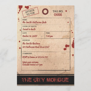 Invitation Halloween Bash Adult Toe Tag Morgue Blood Party