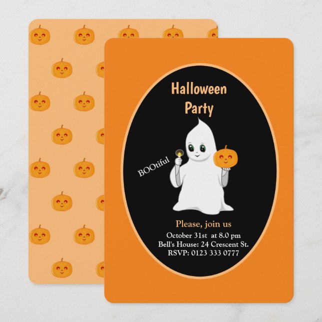 Invitation Halloween bébé fantôme et citrouille mi (Devant / Derrière)