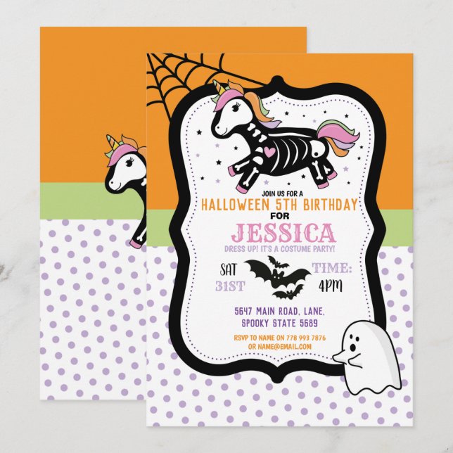 Invitation Halloween Birthday Kids Unicorn Skeleton Bats (Devant / Derrière)