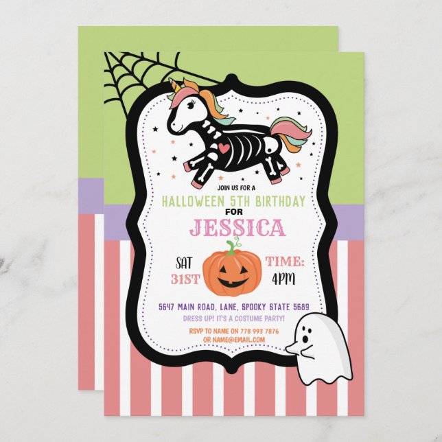 Invitation Halloween Birthday Kids Unicorn Skeleton Fun (Devant / Derrière)