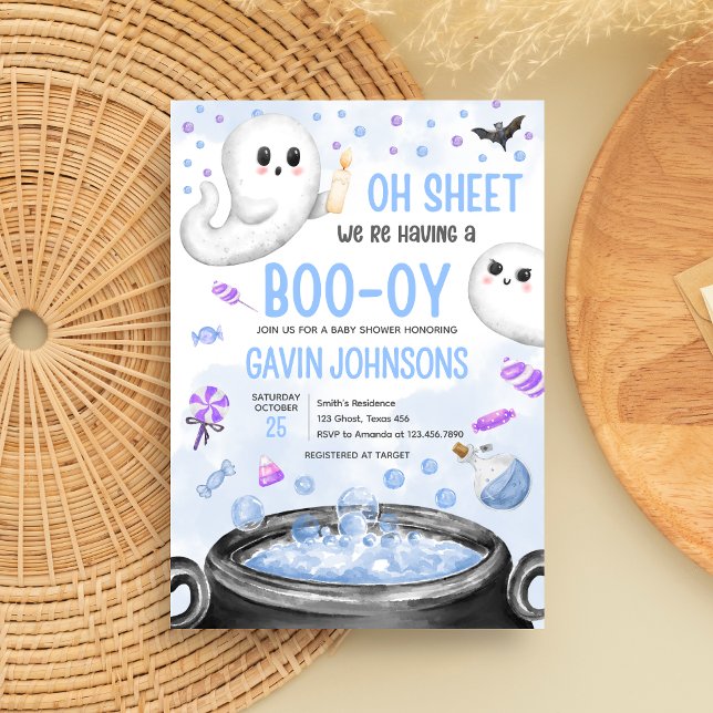 Invitation Halloween bleu C'est un Baby shower garçon (Oh Sheet It's a Boo=y Halloween Baby Shower Invitation)