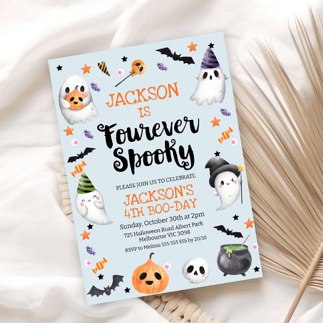 Invitation Halloween bleu quatre Éffrayant 4ème anniversaire (Blue Fourever Spooky Halloween 4th Birthday Invitation Boy, Halloween 4th Birthday Invite, Ghosts)