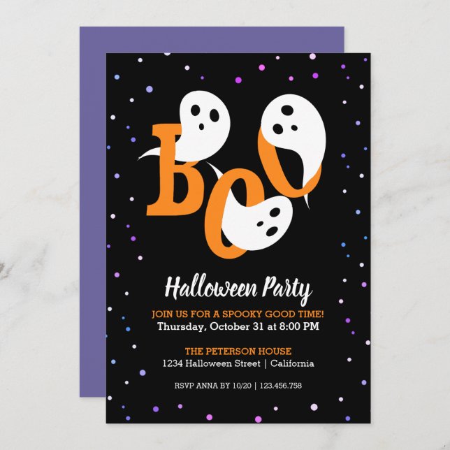 Invitation Halloween Boo Ghosts Purple Confetti (Devant / Derrière)