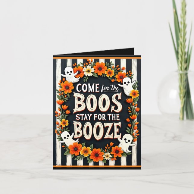 Invitation Halloween 'Boos & Booze' Personnalisé Fantôme & Fl (Devant)