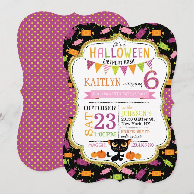 Invitation Halloween Candy Chat noir Citrouilles Anniversaire (Devant / Derrière)