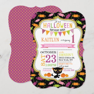 Invitation Halloween Candy Chat noir Citrouilles Anniversaire