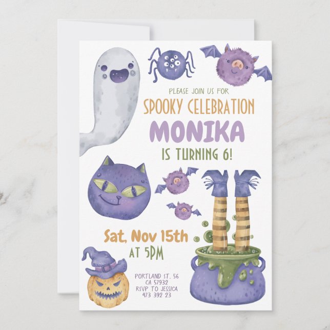 Invitation Halloween Cauldron Éffrayante sorcière violet Anni (Devant)
