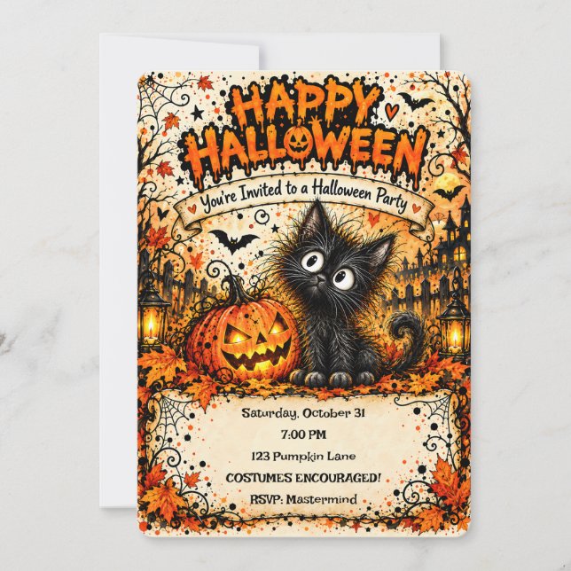 🎃🐈‍⬛ Invitation Halloween Chat Noir 👻✨ (Devant)