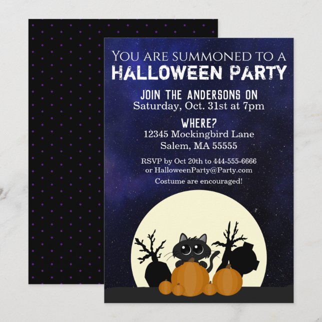 Invitation Halloween Chat noir Citrouilles Pleine lune de cim (Devant / Derrière)