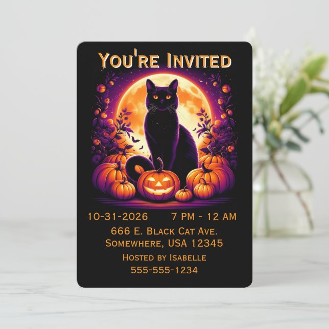 Invitation Halloween Chat Noir Pleine Lune (Debout devant)