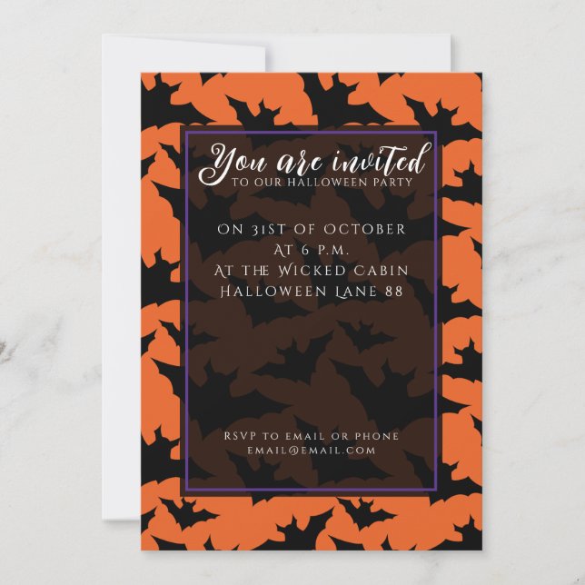 Invitation Halloween chauves-souris noires orange cool éffray (Devant)