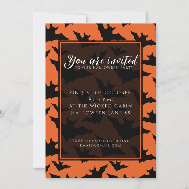 Invitation Halloween chauves-souris noires orange cool éffray (Devant)