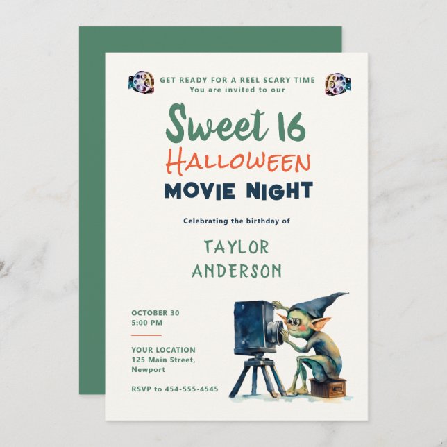 Invitation Halloween Cinéma Nuit Gremlin Hallowen Sweet 16 (Devant / Derrière)