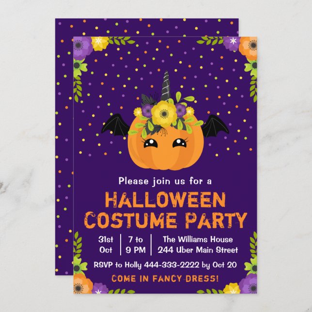 Invitation Halloween Citrouille Costume Party Purple Invitati (Devant / Derrière)